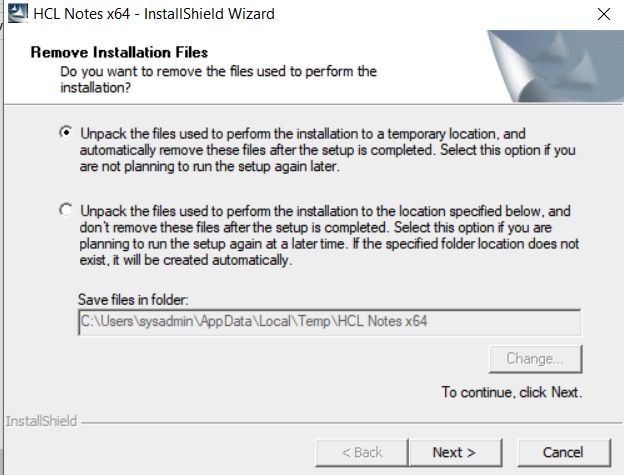 Temp/Remove Installation Files screen