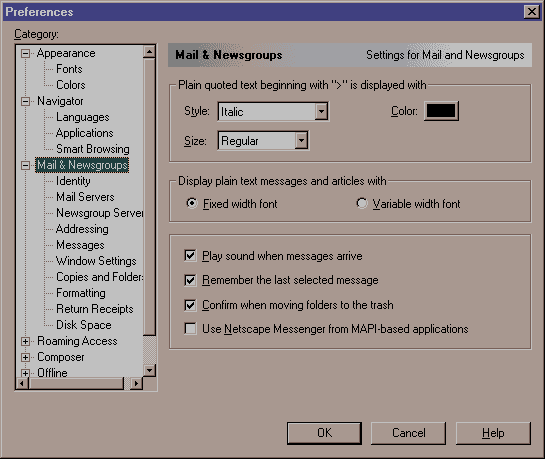 Mail and Newsgroups Dialog Box