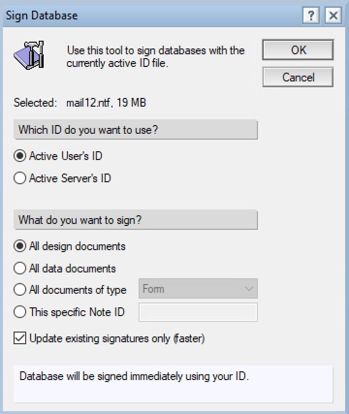 Sign Database dialog